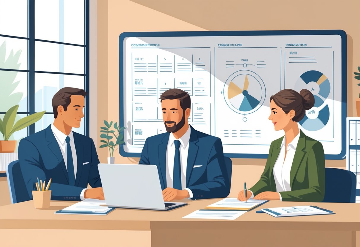 A family lawyer meets with two parents in an office to discuss and update a parenting plan, with documents and charts visible in the background.