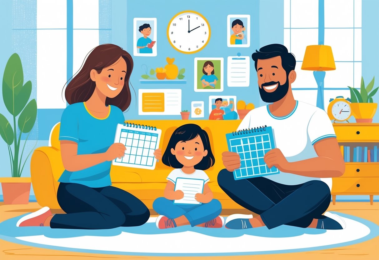 Two parents and their child interacting happily in a cozy home, showing cooperation and routine.