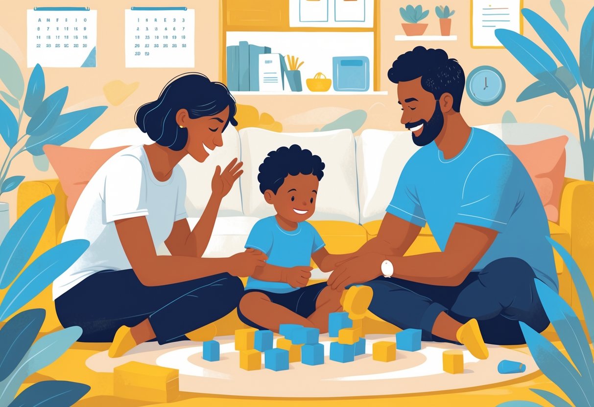 Two parents and a child happily interacting in a cozy living room, showing a supportive and flexible co-parenting routine.