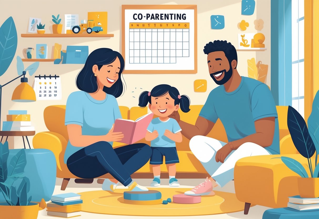 Two parents and their child happily spending time together in a cozy living room, showing a positive and cooperative co-parenting routine.