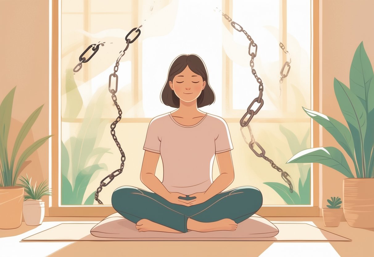 A person meditating peacefully indoors with soft light and plants, surrounded by fading shapes symbolizing emotional release.