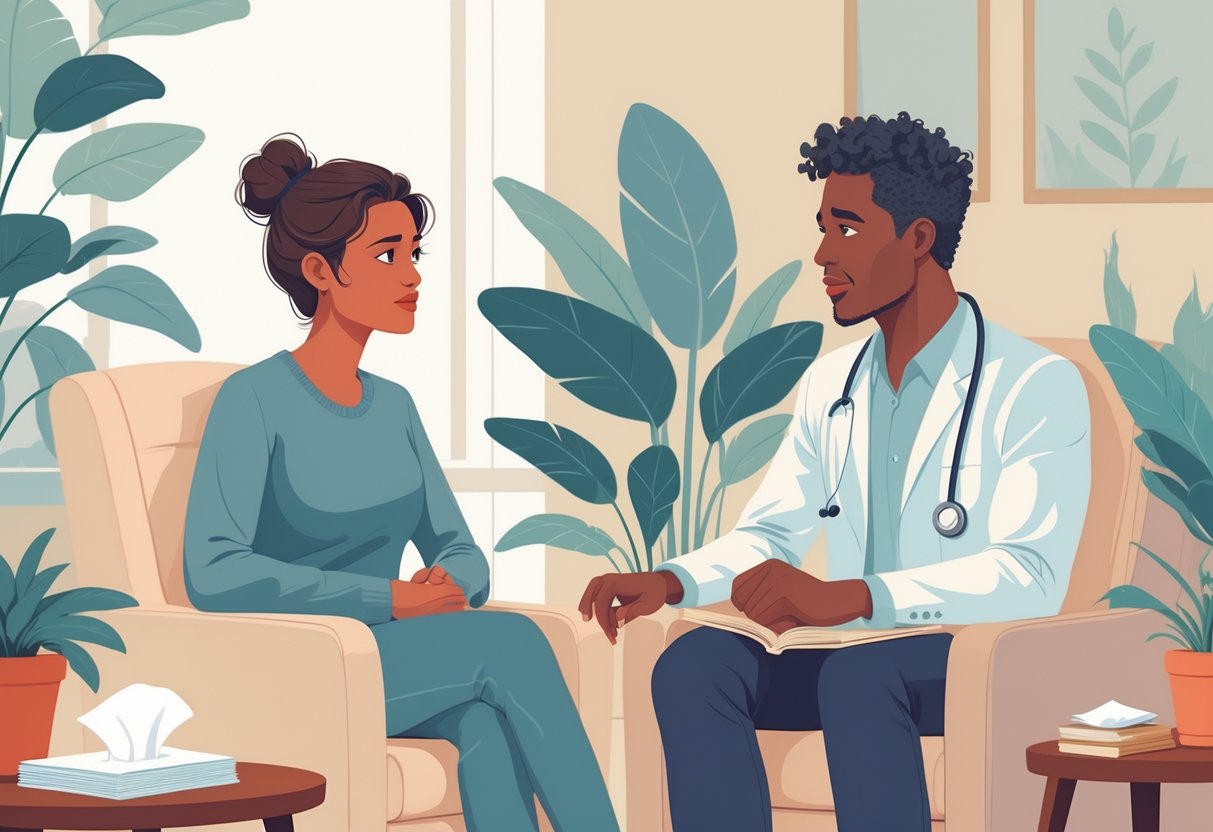 A therapist attentively listens to a young adult client in a comfortable, cozy office setting.