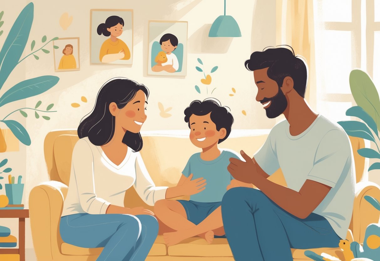 Two parents calmly interacting with their smiling child in a bright living room, creating a peaceful and supportive family environment.