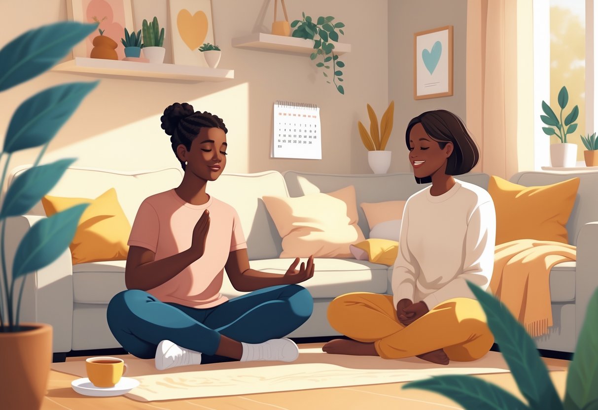 A parent sitting peacefully in a cozy room practicing mindfulness with a supportive person nearby and children playing softly in the background.