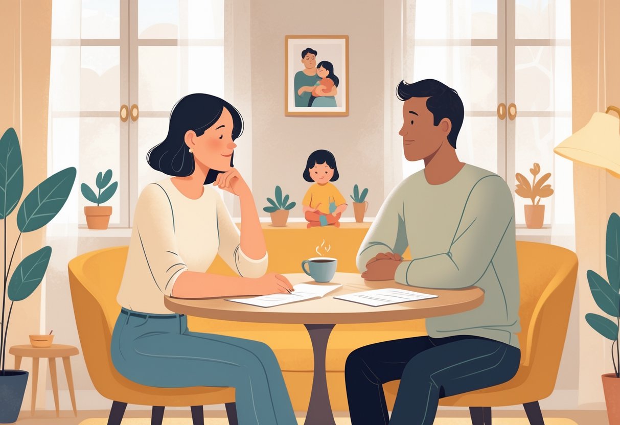 Two adults sitting at a table calmly discussing while a child plays nearby in a cozy living room.