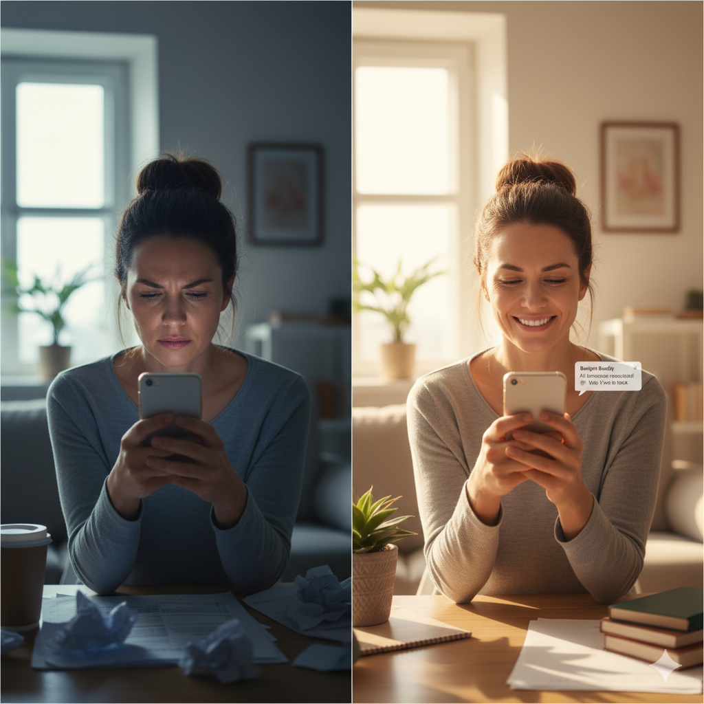 A parent looking calm while using a co-parenting app on their phone, contrasted with a stressed look from texting.