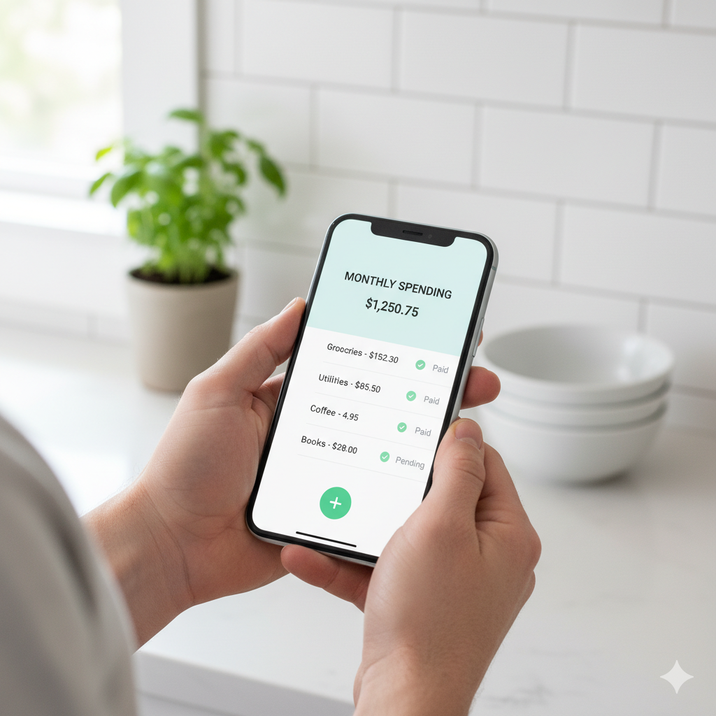 Easy Co-Parenting Expense Tracking and Shared Finances A parent holding a smartphone displaying the clean expense tracking interface of a co-parenting app, showing a list of paid shared expenses in a tidy kitchen.
