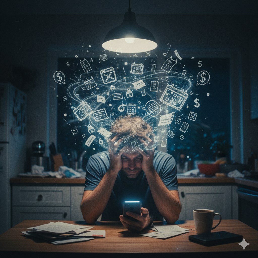 Overcoming Co-Parenting Communication Chaos A frustrated parent overwhelmed by disorganized co-parenting communication from texts and multiple apps.