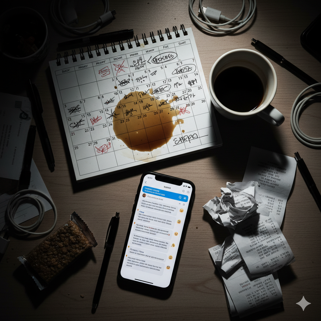 The Stress of Unorganized Co-Parenting Communication A cluttered desk with scattered receipts, a spilled coffee cup, and a smartphone showing stressful text messages, illustrating the overwhelming logistics that a parent communication app can solve.