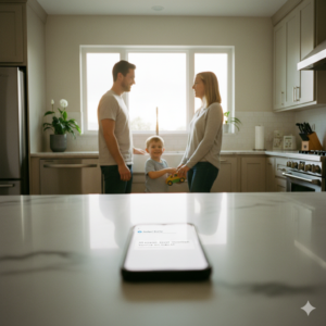 A peaceful co-parenting handoff organized by a dedicated parent communication app, showing relieved parents and a happy child.