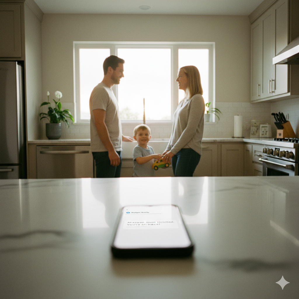 A peaceful co-parenting handoff organized by a dedicated parent communication app, showing relieved parents and a happy child.
