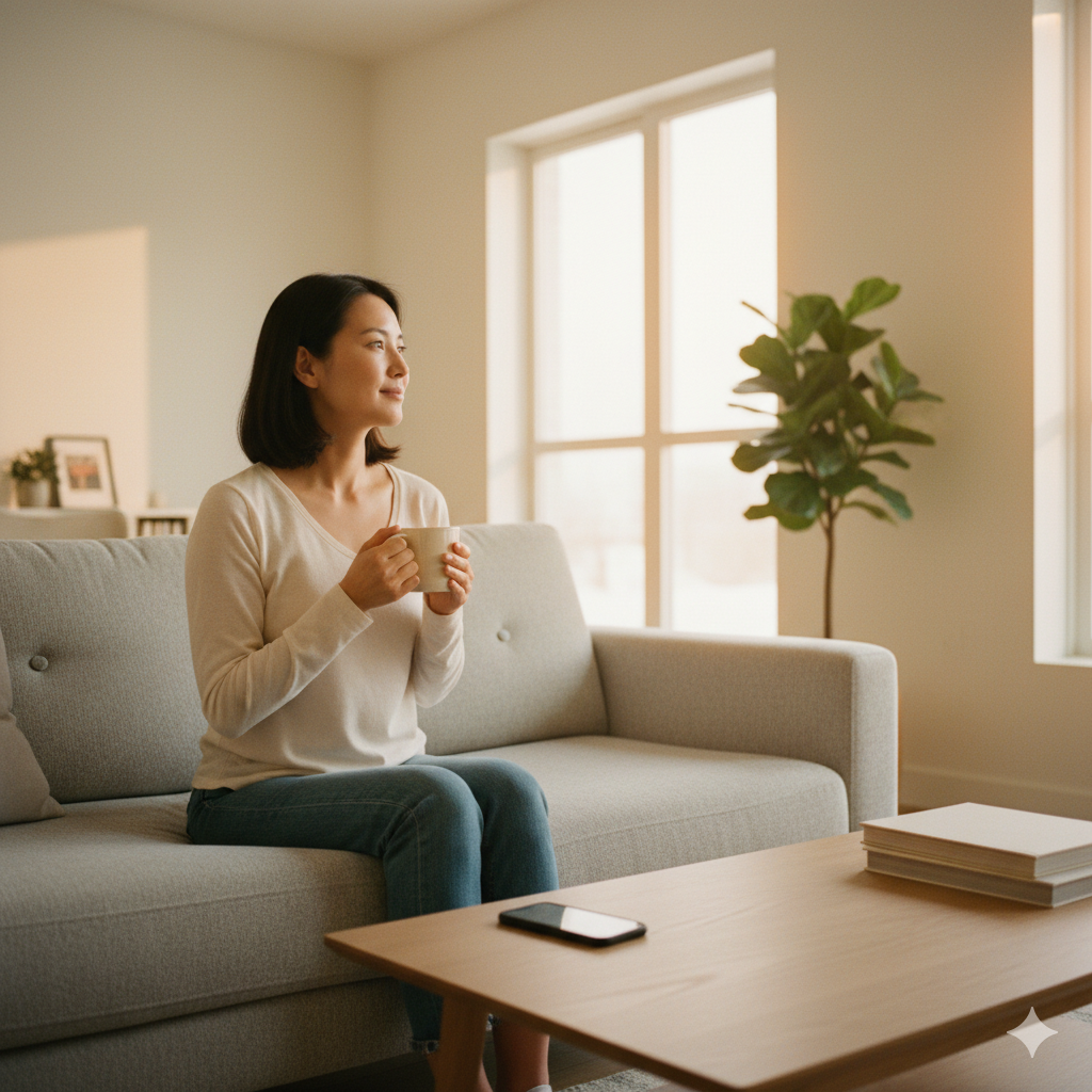 A person enjoying a peaceful moment at home, their phone not a source of stress thanks to a divorce communication app.