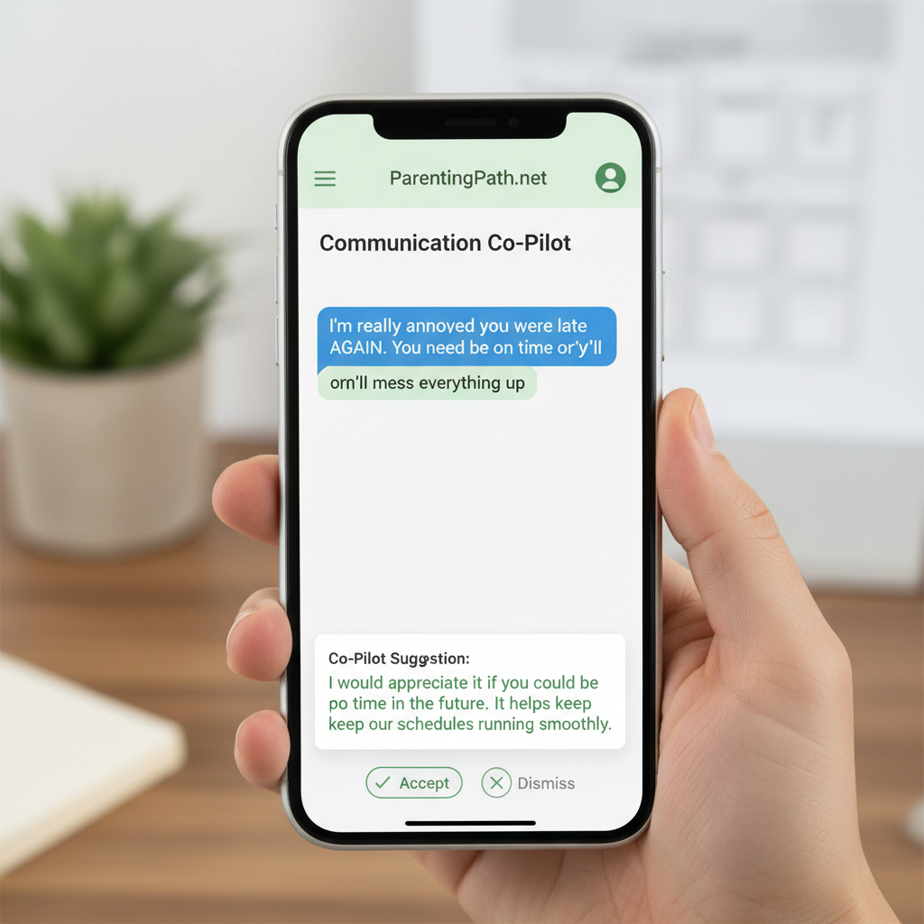 The AI-powered Communication Co-Pilot in the ParentingPath.net app helping a user write a better co-parenting message.
