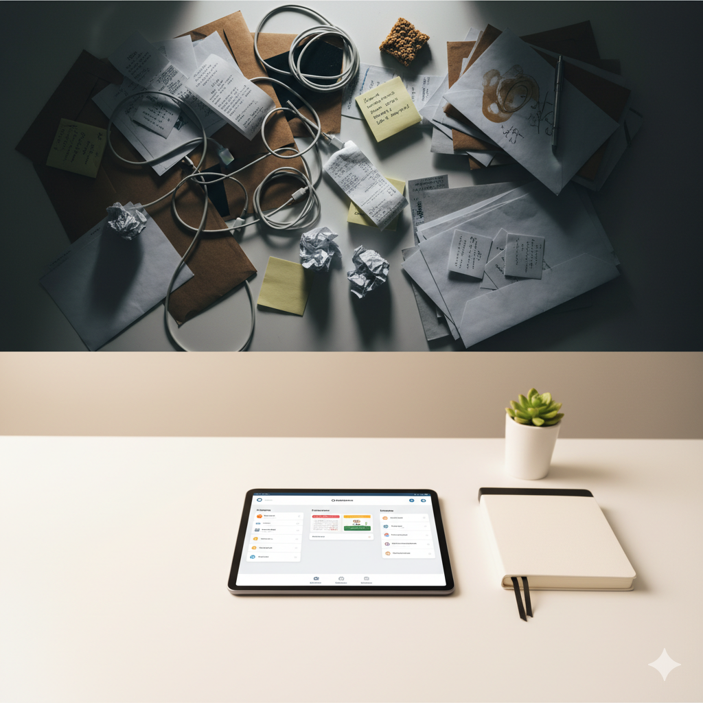 A before-and-after image showing the chaos of disorganized co-parenting vs. the calm brought by an app for separated parents.