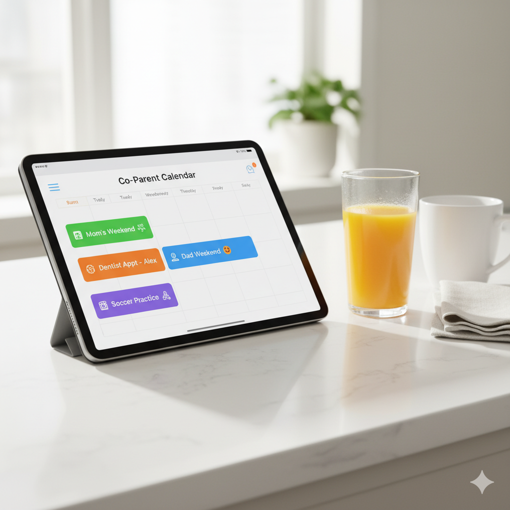 A clear and organized shared calendar in an app for separated parents, showing custody schedules and appointments.