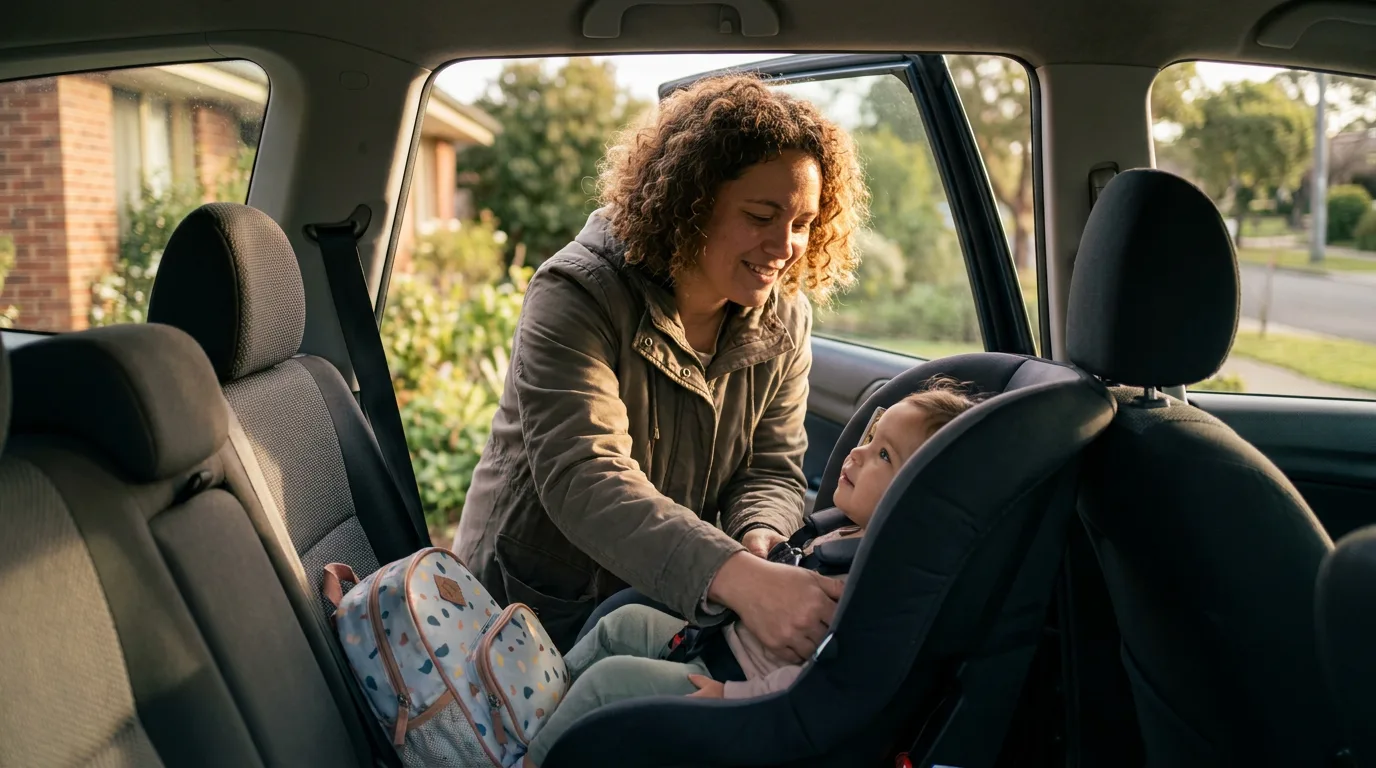 A parent buckling a young child into a car seat outside a home in soft morning light, a small backpack on the seat