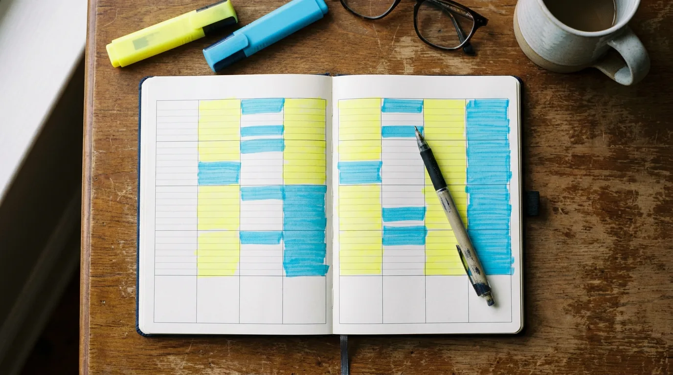 A printed two-week planner with rotating days color-blocked for a 2-2-3 parenting schedule
