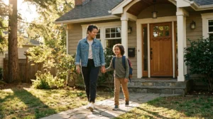 A parent and a school-age child walking toward a front door with a backpack in warm late-afternoon light