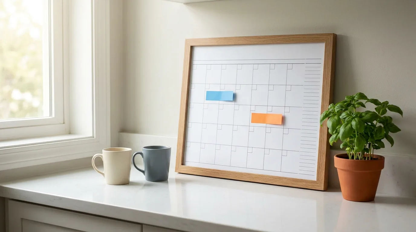 A wall calendar on a kitchen counter with color-coded days marking a shared parenting rotation, two coffee mugs nearby