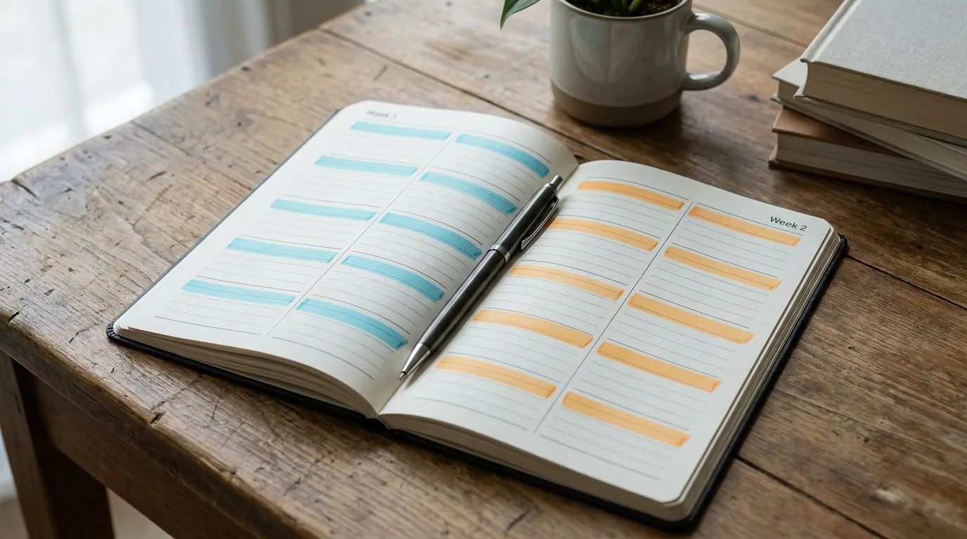 A printed two-week planner with days color-blocked into a rotating parenting schedule
