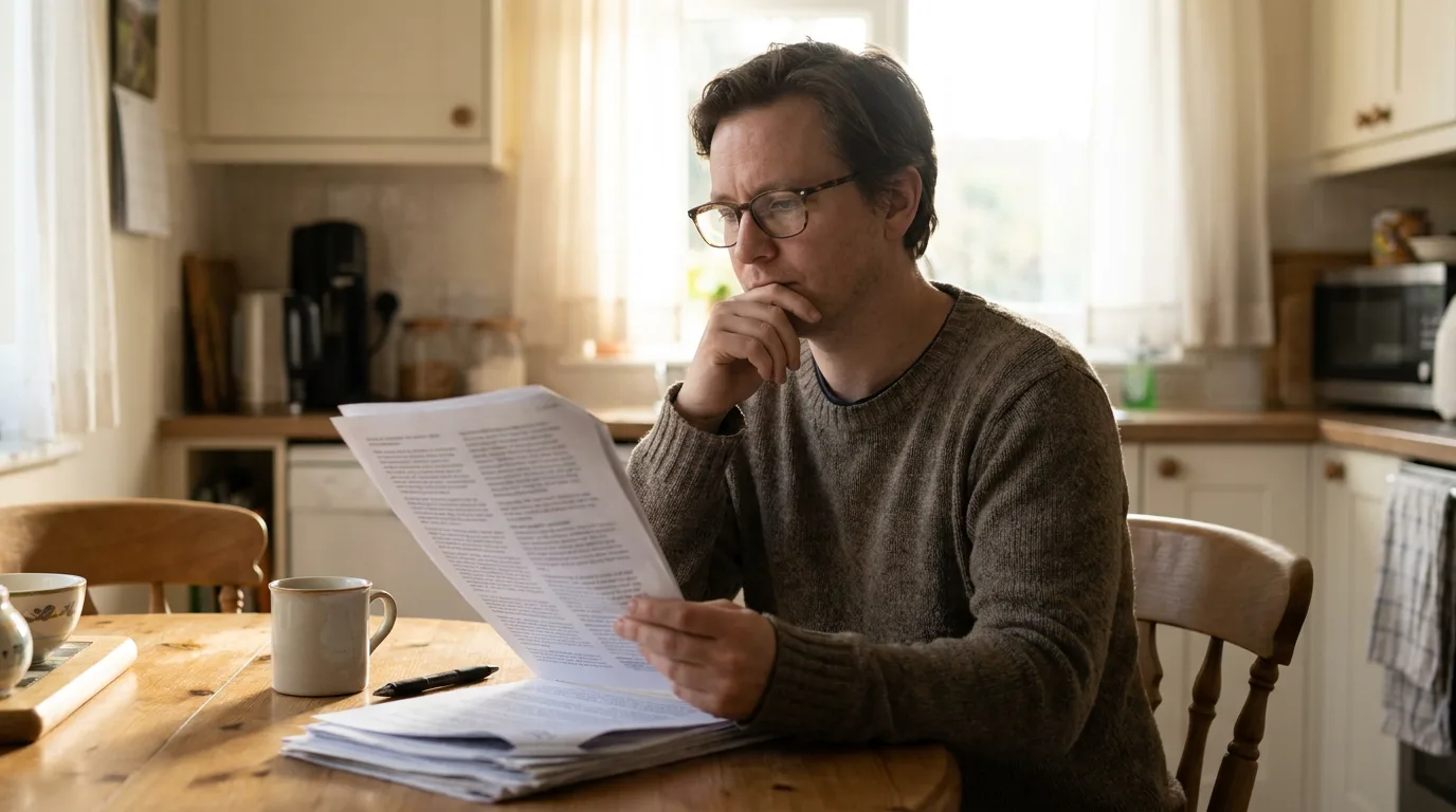 A parent reading a parenting-plan document at a kitchen table in calm morning light, a coffee cup nearby