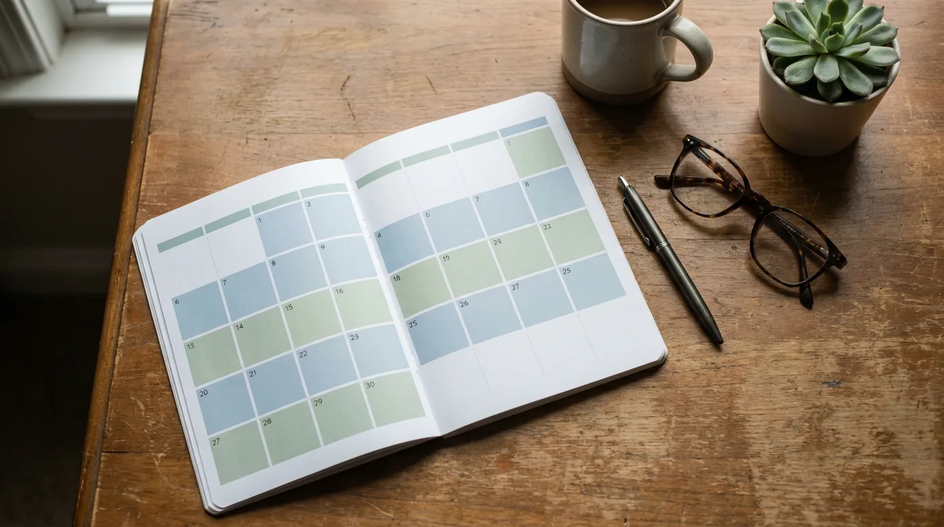 A monthly calendar with days shaded in two colors to show an equal-time custody split