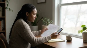 A parent in a quiet home office reviewing a phone screen and a printed message transcript side by side