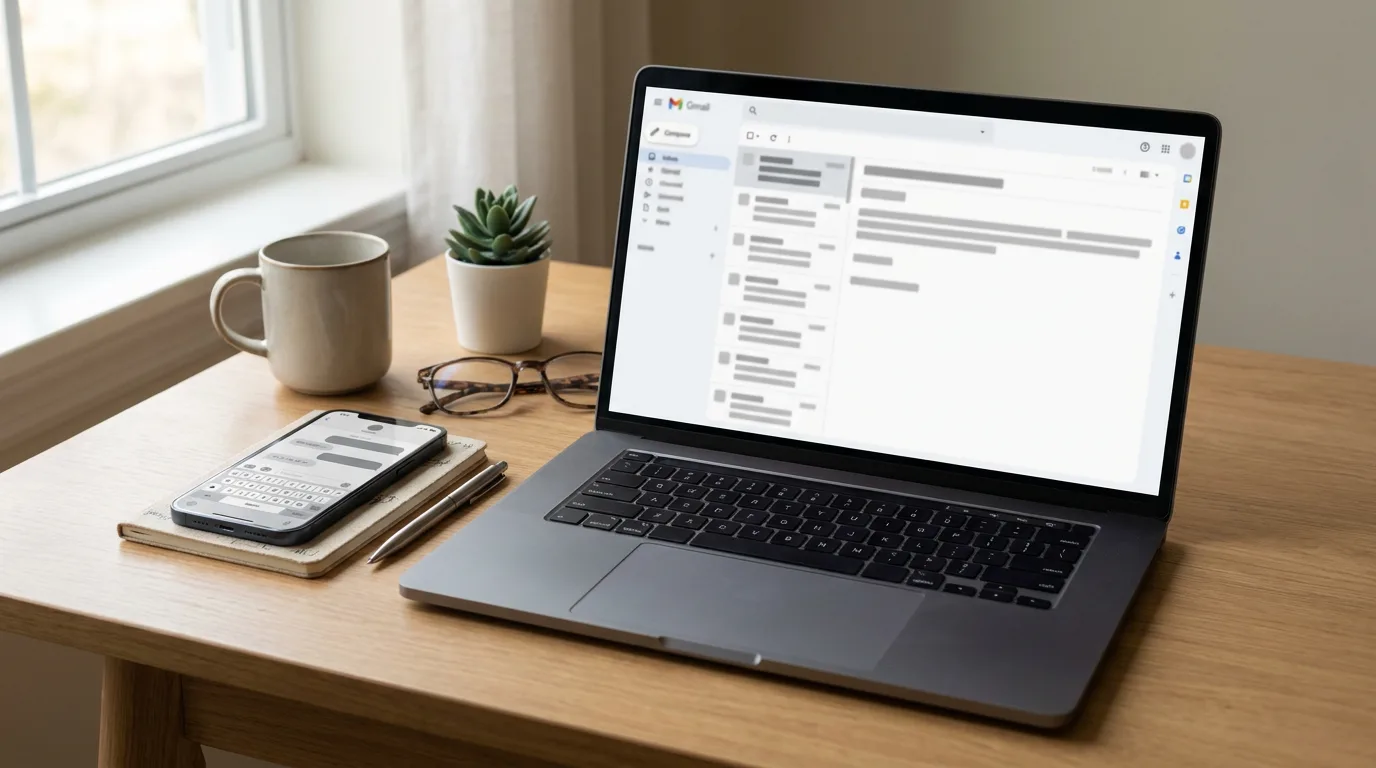 A phone, a laptop, and a notebook on a desk representing text, email, and written documentation channels