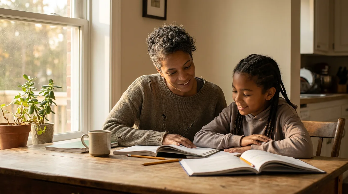 A parent and a pre-teen child doing homework together at a kitchen table in warm afternoon light