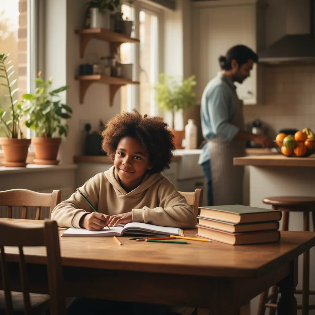 A child doing homework at a kitchen table while a parent works in the background