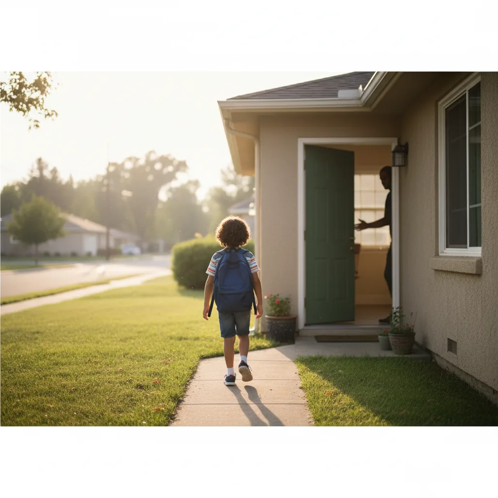 A child walking toward an open front door at golden hour during a calm parenting handoff