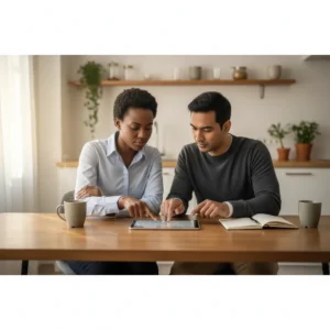 Two parents reviewing a shared calendar at a kitchen table in soft morning light