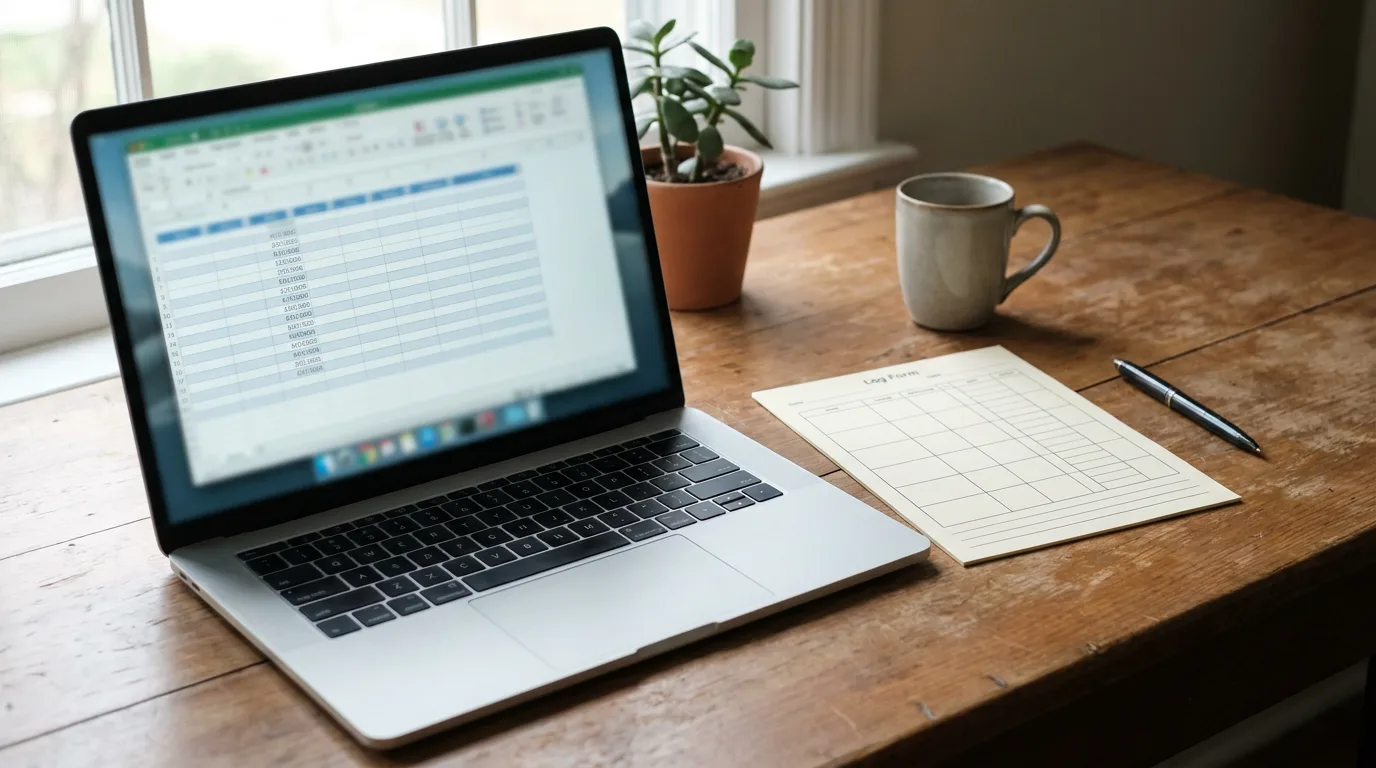 A laptop showing a simple co-parenting log spreadsheet beside a printed blank log form and a pen