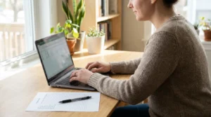 A parent filling in a simple dated log on a laptop spreadsheet beside a printed log sheet at a tidy desk