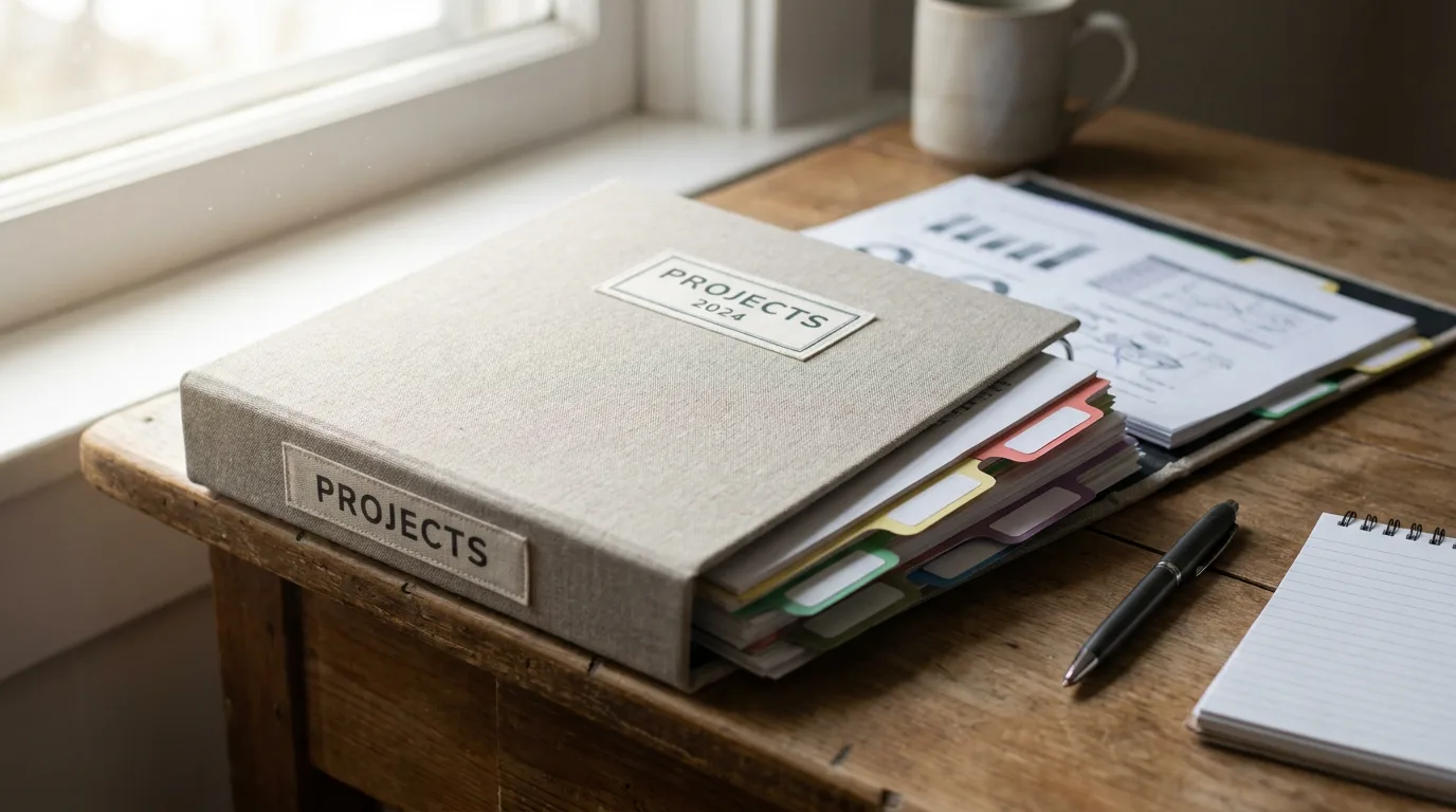 An organized binder of tabbed documentation pages and a notebook on a desk in soft morning light