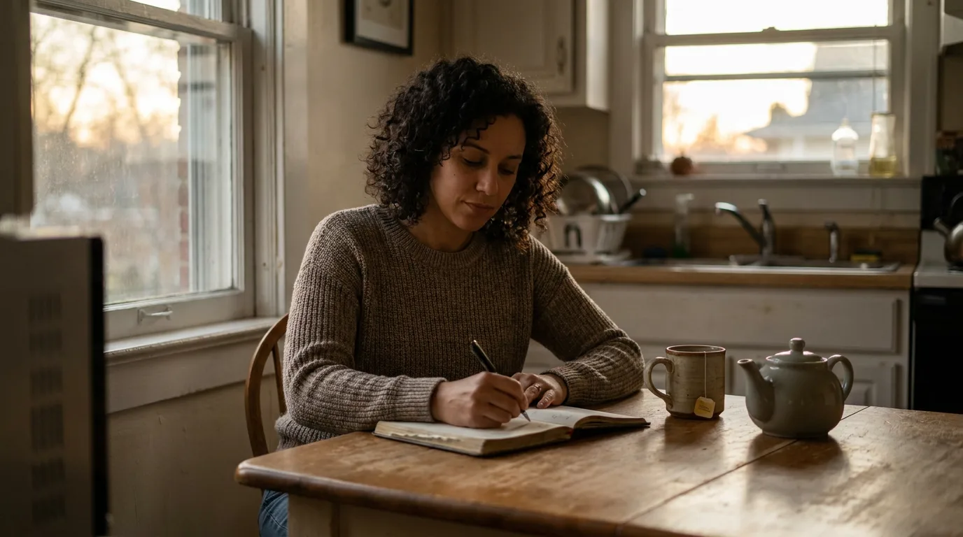 A parent sitting alone at a kitchen table in the early evening writing in a notebook, calm and resolved