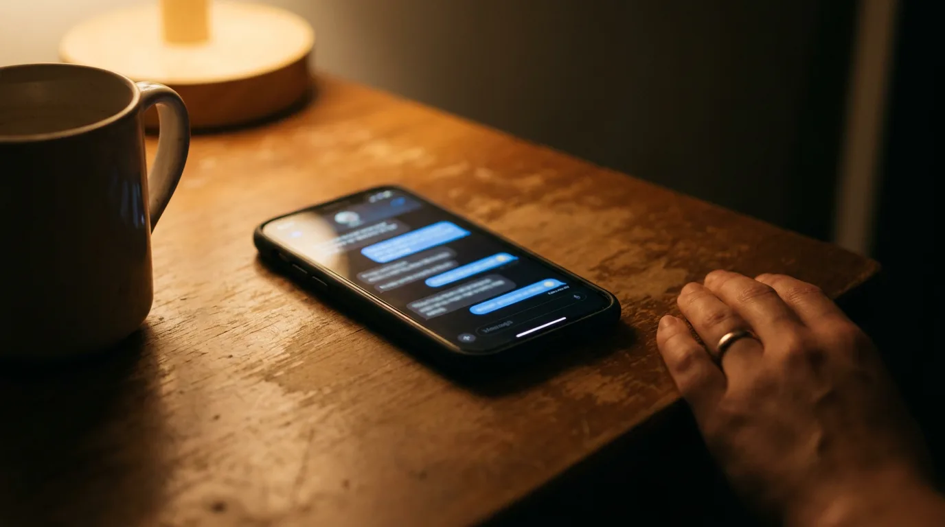 A smartphone on a table at night showing a stack of message previews, photographed in soft lamp light