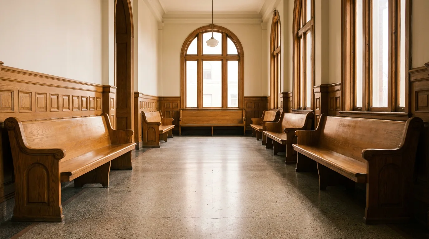 A calm, well-lit courthouse hallway with wooden benches and tall windows