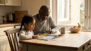 A grandparent and a young child reading together at a kitchen table in warm morning light, calm and attentive