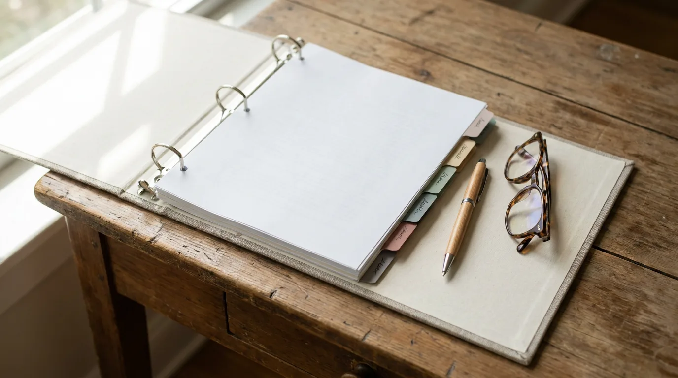 An open binder with a tabbed multi-section document representing the parts of a custody agreement