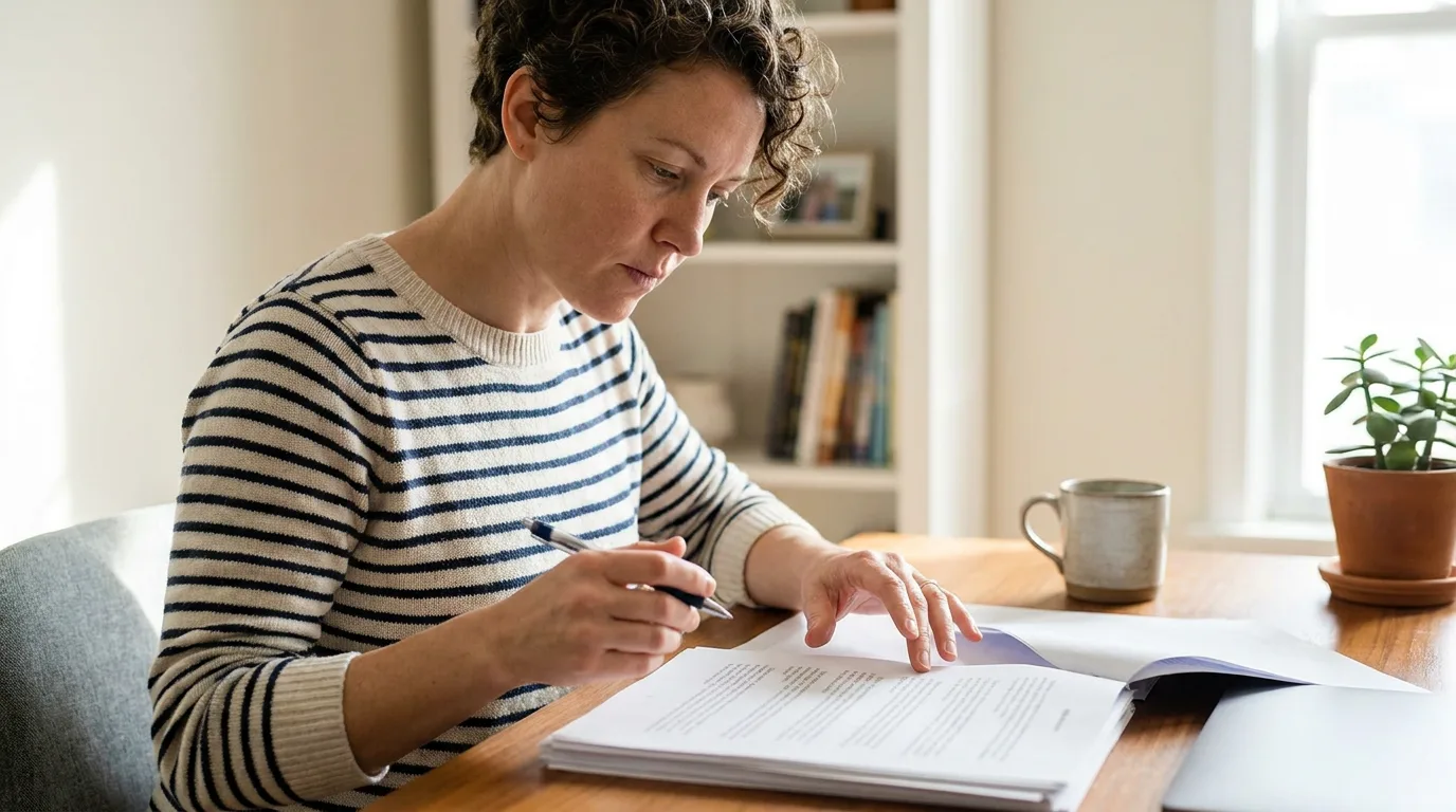 A parent reviewing and signing a multi-page agreement at a desk in calm daylight, pen in hand