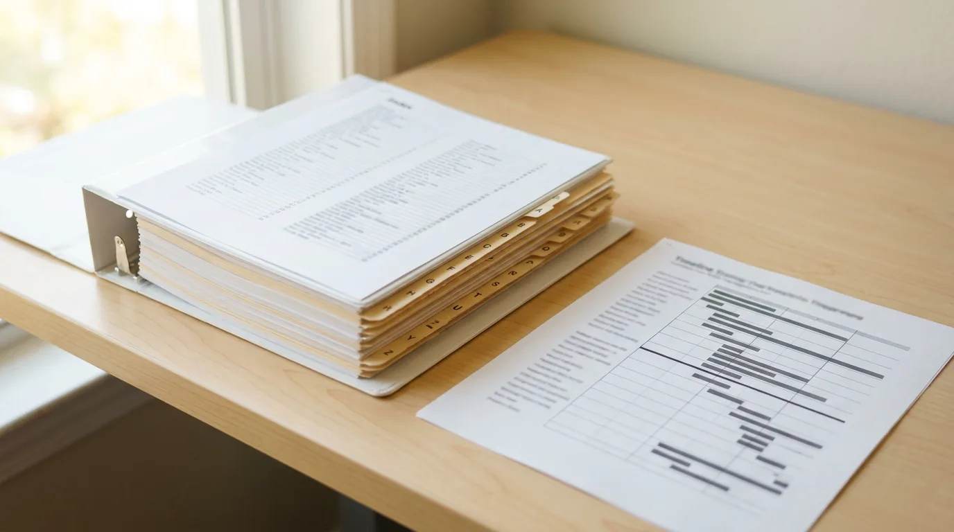 An organized exhibit binder with lettered tab dividers and an index page beside a one-page timeline chart