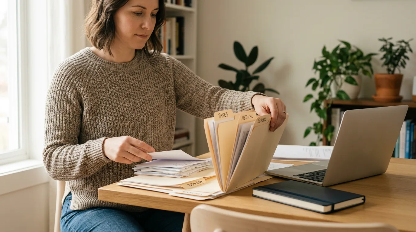 A parent organizing labeled folders and documents at a tidy home desk, calm and methodical
