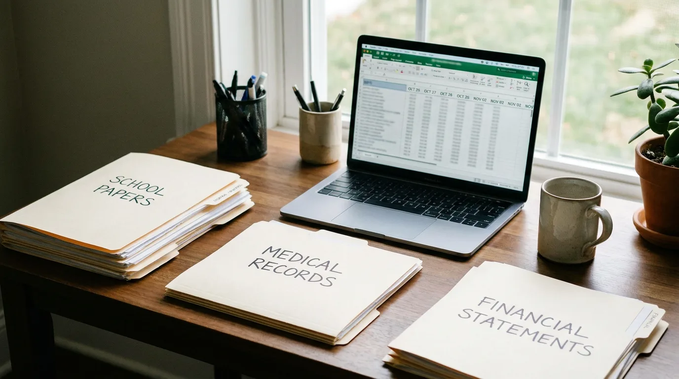 Neatly sorted document piles in labeled folders for school, medical, and financial records beside a laptop