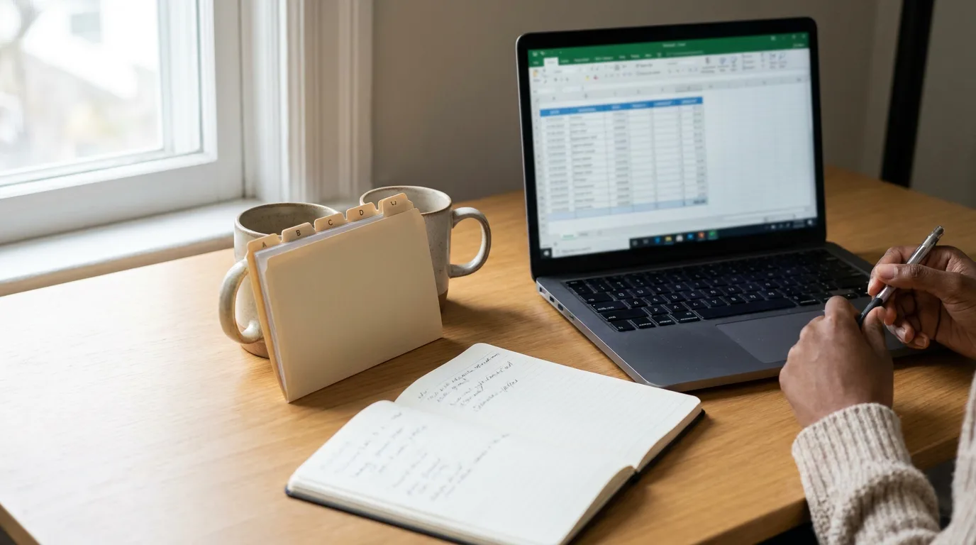 An open notebook beside a laptop showing a spreadsheet with date columns and a folder with letter tabs
