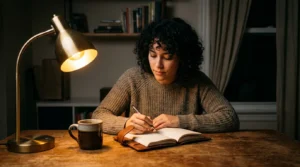 A parent at a desk writing a short dated entry in a notebook in the late evening, calm and focused