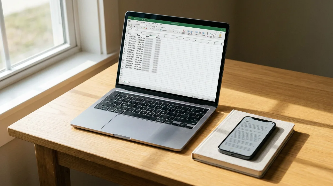 A laptop showing a spreadsheet with date and time columns, a closed notebook, and a phone with a generic notes app