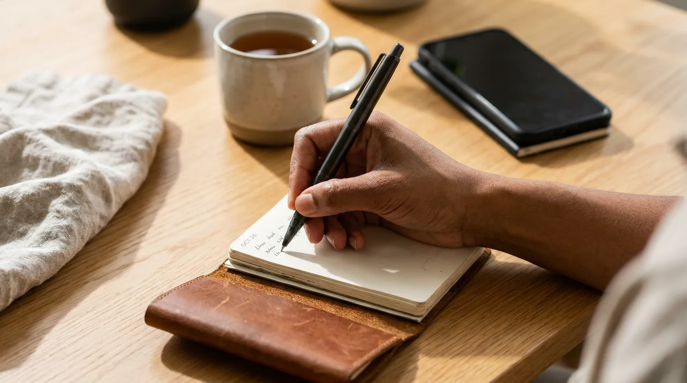 A hand writing a short dated entry in a small bound notebook on a daylit desk
