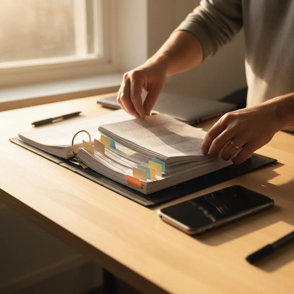 A parent organizing dated printouts and a phone into a binder on a clean desk