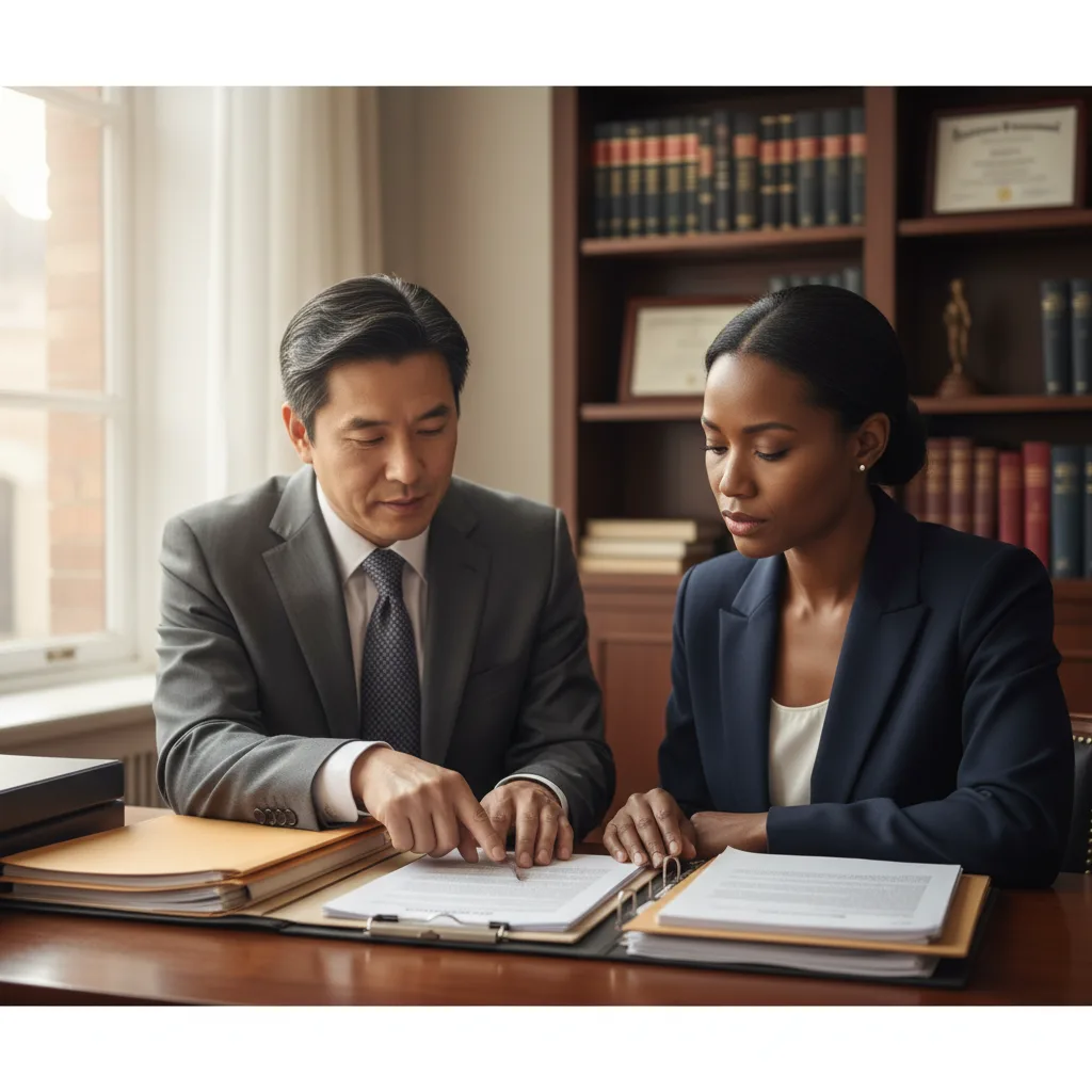 A parent and an attorney reviewing court filings together at a desk